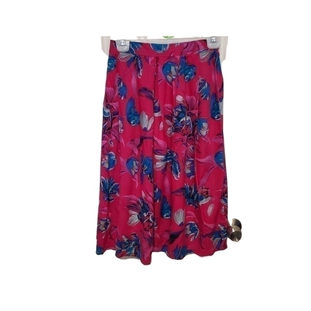Vintage 80s Pretense Pleated Midi Flowy Skirt Floral Print Pink and Blue Size XS